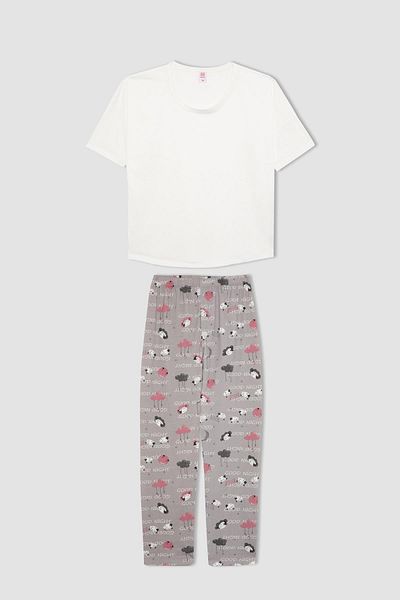 DeFacto Sleepwear Set to Fall in Love - Crew Neck, Short Sleeve, Top Pattern, Long Bottom B6940Ax23Au