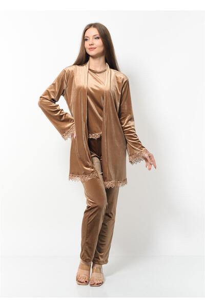 Nuseel Γυναικείο βελούδινο σετ νυχτικό 3 τεμαχίων χρυσό