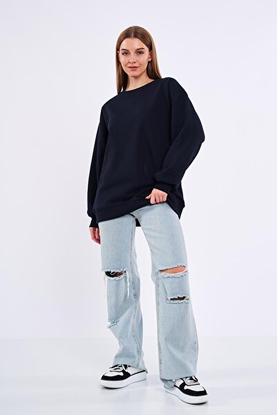 COMEOR Hanorac de damă, albastru bleumarin, oversize, de bază, cu gât crew, d...