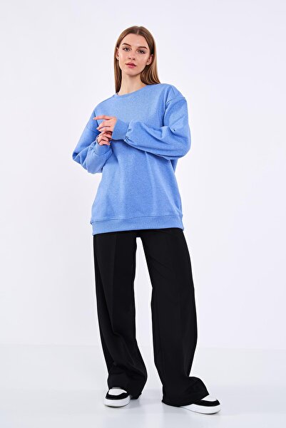 COMEOR Μπλε γυναικείο φούτερ από βαμβακερό Oversize Basic Crew Neck