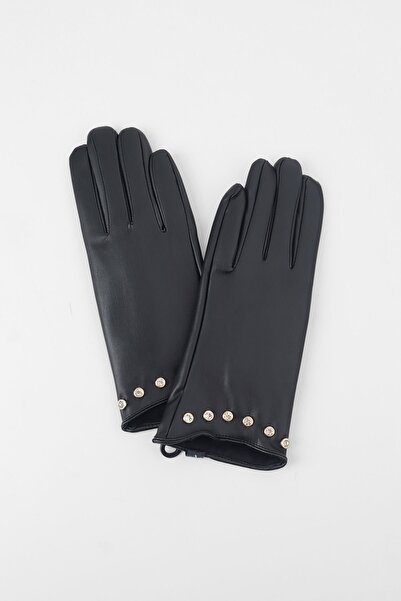 Kapin Kadın Siyah Taş Detaylı İçi Polarlı Deri Eldiven - Dokunmatik Özellikli