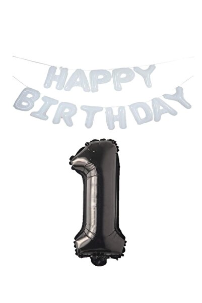 RÖNESANS PARTİ White Happy Birthday Set and Black Number Foil Balloon Set Age 1