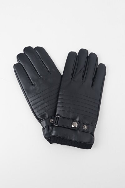 Kapin Erkek Siyah İçi Polarlı Deri Eldiven - Dokunmatik Özellikli