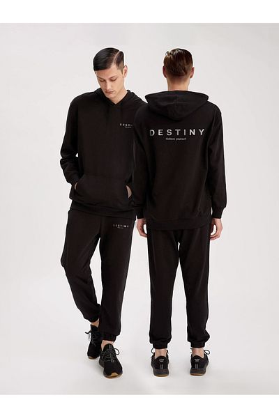aynewmoda Men's Destiny Printed Hooded Sweatshirt Tracksuit Bottom-Top Set