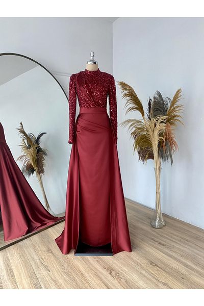 Halezademoda Satin Drape and Sequin Detailed Evening Dress