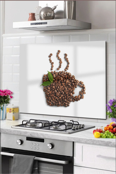 PRATİK DEKOR Protector din sticla pentru spatele aragazului Protector pentru spatele aragazului incorporat 50x50 Cm |   Boabe de cafea