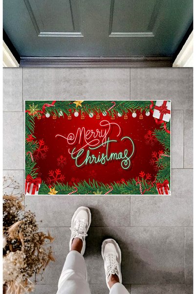 Hayal Dekoratif New Year Themed Merry Christmas Written Red Green Colored Digital Printed Bath Mat 50x70