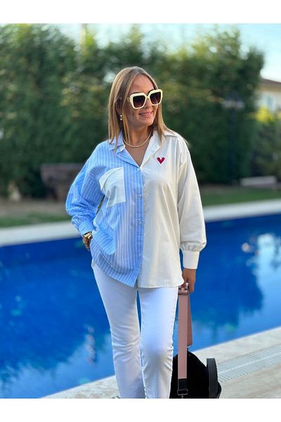 BEBE PLUS Cămașă casual de damă, albastră, albă, cu detaliu inimă