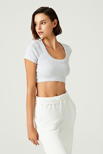 Los Ojos x Melodi Gri Pamuklu Fitilli Crop T-Shirt Short Sleeve