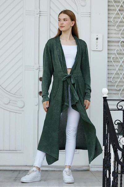 AYASOFYA OTANTIK Women's Khaki Shawl Collar Belted Long Pocket Casual Cotton Knitwear Cardigan