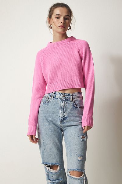 Happiness İstanbul Women's Pink Crew Neck Crop Knitwear Sweater MC00240