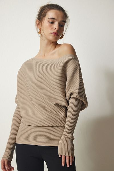 Happiness İstanbul Damen-Pullover mit asymmetrischem Kragen und Rippenmuster in Nerzfarbe FN03138