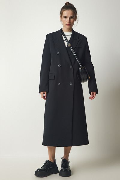 Happiness İstanbul Women's Black Double Breasted Collar Slit Long Coat FN03111