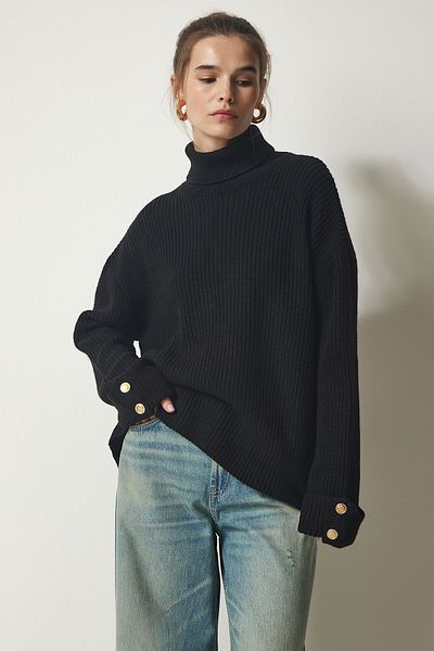 Happiness İstanbul Pulover oversize de tricotaje de damă, cu detaliu cu nasturi negri, cu gât țesut YY00183