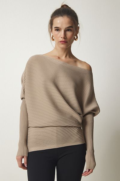 Happiness İstanbul Damen-Pullover mit asymmetrischem Kragen und Rippenmuster in Nerzfarbe FN03138
