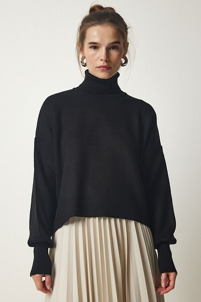 Happiness İstanbul Czarny wygodny sweter damski z golfem KG00007