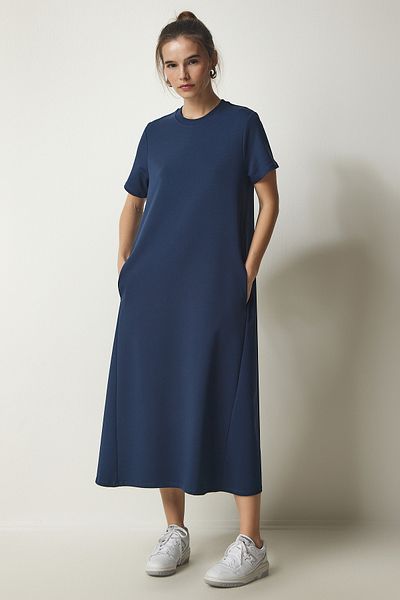 Happiness İstanbul Marineblaues A-Linien-Sommerkleid aus gekämmter Baumwolle für Damen UB00060