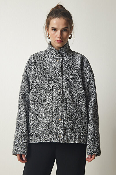 Happiness İstanbul Women's Dark Gray Oversize Boucle Jacket with Snap Fasteners FN03087
