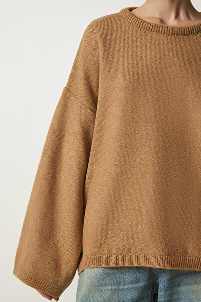 Happiness İstanbul Dámský sušenkový oversize základní pletený svetr KB00034