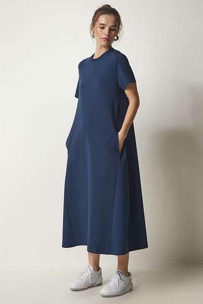 Happiness İstanbul Marineblaues A-Linien-Sommerkleid aus gekämmter Baumwolle für Damen UB00060