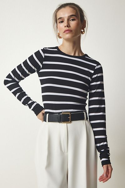 Happiness İstanbul Women's Black Striped Knitted Blouse LD00065