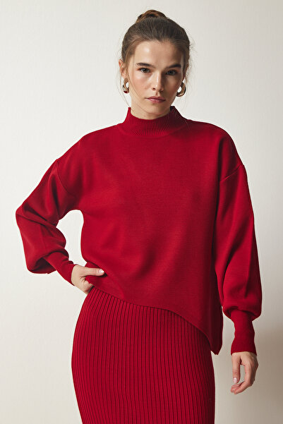 Happiness İstanbul Women's Red Ribbed Knitwear Sweatshirt Dress KG00006