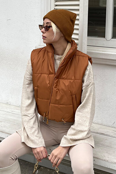 Trend Alaçatı Stili Women's Taba Stand Collar Double Pocket Full Filling Waist Adjustable Inflatable Vest ALC-X7994