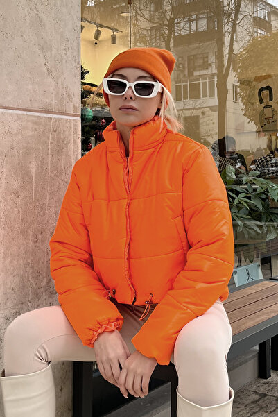 Trend Alaçatı Stili Dámský světle oranžový stojáček s dvojitým kapsovým natahovacím kabátem s elastickým pasem ALC-X7684