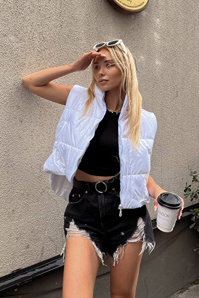 Trend Alaçatı Stili Vestă gonflabilă reglabilă pentru femei cu buzunar dublu, cu umplutură completă, cu guler alb ALC-X7994