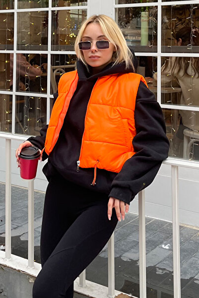 Trend Alaçatı Stili Women's Orange Stand Collar Double Pocket Full Filling Waist Adjustable Puffer Vest ALC-X7994