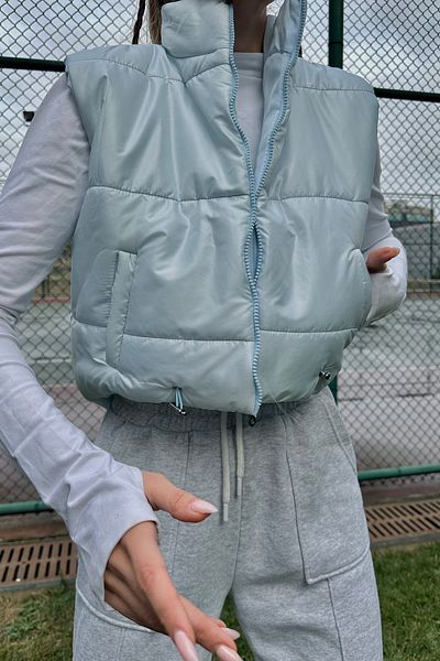 Trend Alaçatı Stili Női kék állógallér dupla zsebes, teljesen kitölthető derékrész, állítható puffermellény ALC-X7994