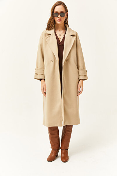 Olalook Női bézs bélésű, túlméretezett, varrott hosszú kabát zsebekkel