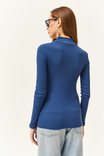 Olalook Bluză din lycra cu gât cu fermoar Indigo pentru femei