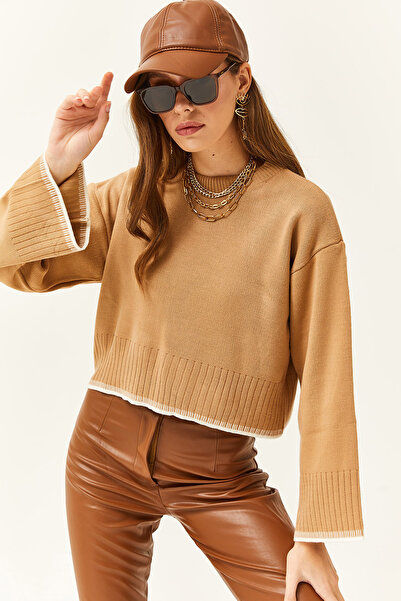 Olalook Дамски кратък трикотажен пуловер с испански ръкав в цвят Camel