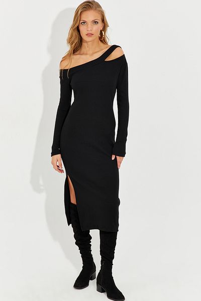 Cool & Sexy Γυναικείο Μίντι Φόρεμα με σκίσιμο παραθύρου μαύρο ασύμμετρο γιακά EY2576