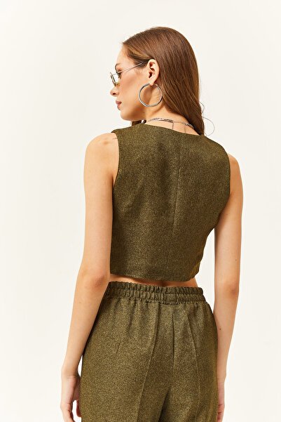 Olalook Γυναικείο χειμωνιάτικο γιλέκο με κουμπιά χακί με τσέπες αξεσουάρ