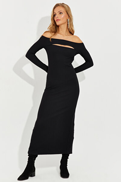 Cool & Sexy Women's Black Madonna Collar Window Midi Dress RMZ21163