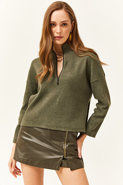Olalook Kadın Haki Fermuarlı Dik Yaka Şardonlu Kazak