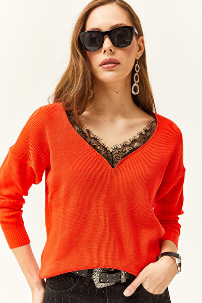 Olalook بلوزة تريكو دانتيل بياقة برتقالية نسائية