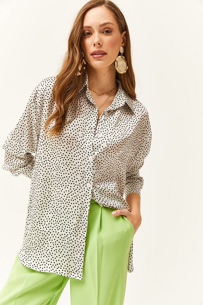 Olalook Women's Polka Dot Ecru Patterned Oversize Satin Shirt