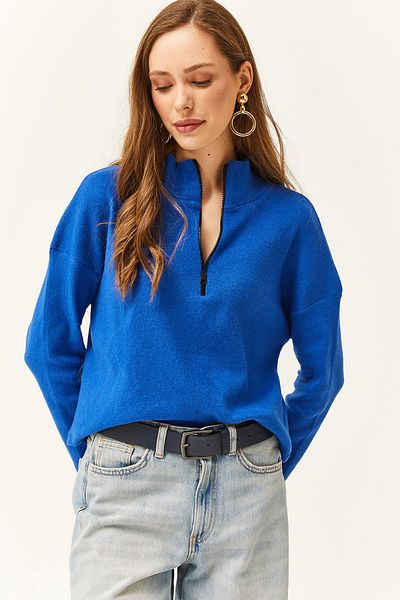 Olalook Woman's Sax Blue Zippered Stand Collar Raised Sweatshirt