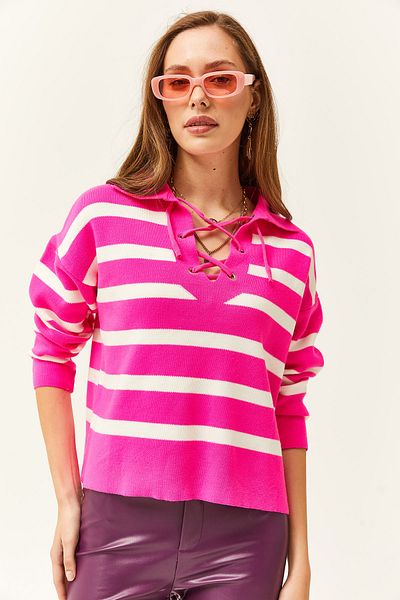 Olalook Pulover de damă, fucsia, cu guler polo, cu ochi de pasăre