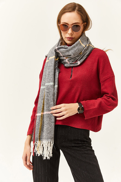 Olalook Women's Black Colored Striped Tasseled Thick Shoulder Shawl