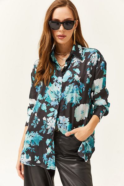 Olalook Cămașă oversize din satin cu model albastru negru