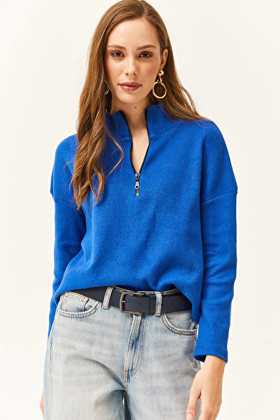 Olalook Kadın Saks Mavi Fermuarlı Dik Yaka Şardonlu Kazak