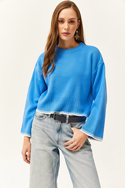 Olalook Pulover de damă albastru cu mâneci spaniole crop tricotaj