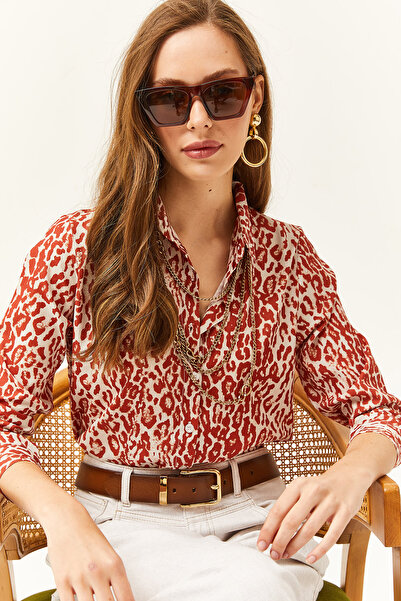 Olalook Kadın Kiremit Leopar Dokuma Gömlek