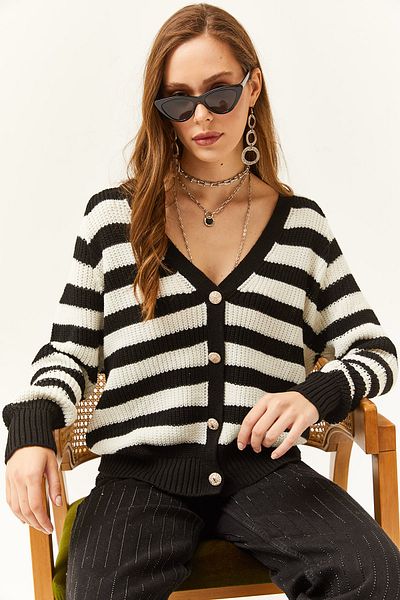 Olalook Women's Black Buttoned Striped Knitwear Cardigan