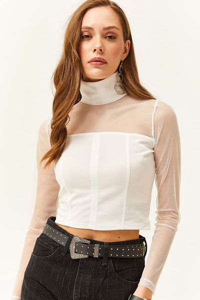 Olalook Γυναικεία λευκή μπλούζα Crop με λεπτομέρεια σταγόνας στην πλάτη