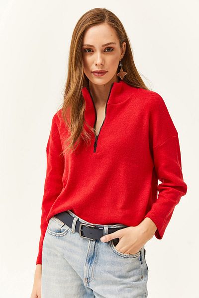 Olalook Women's Red Zippered Stand Collar Raised Sweatshirt